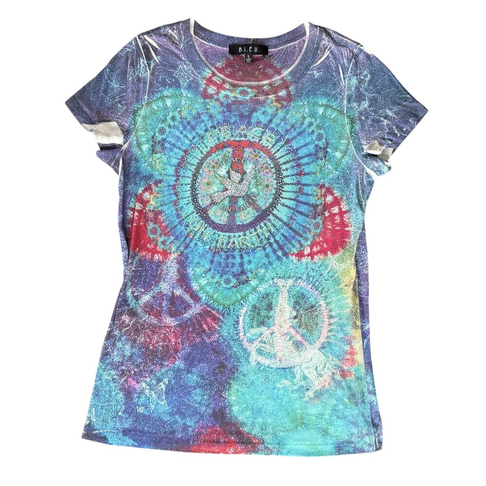 B.L.E.U. Boho Tie Dye Peace Sign Graphic Tee Blue Turquoise Short Sleeve Top
